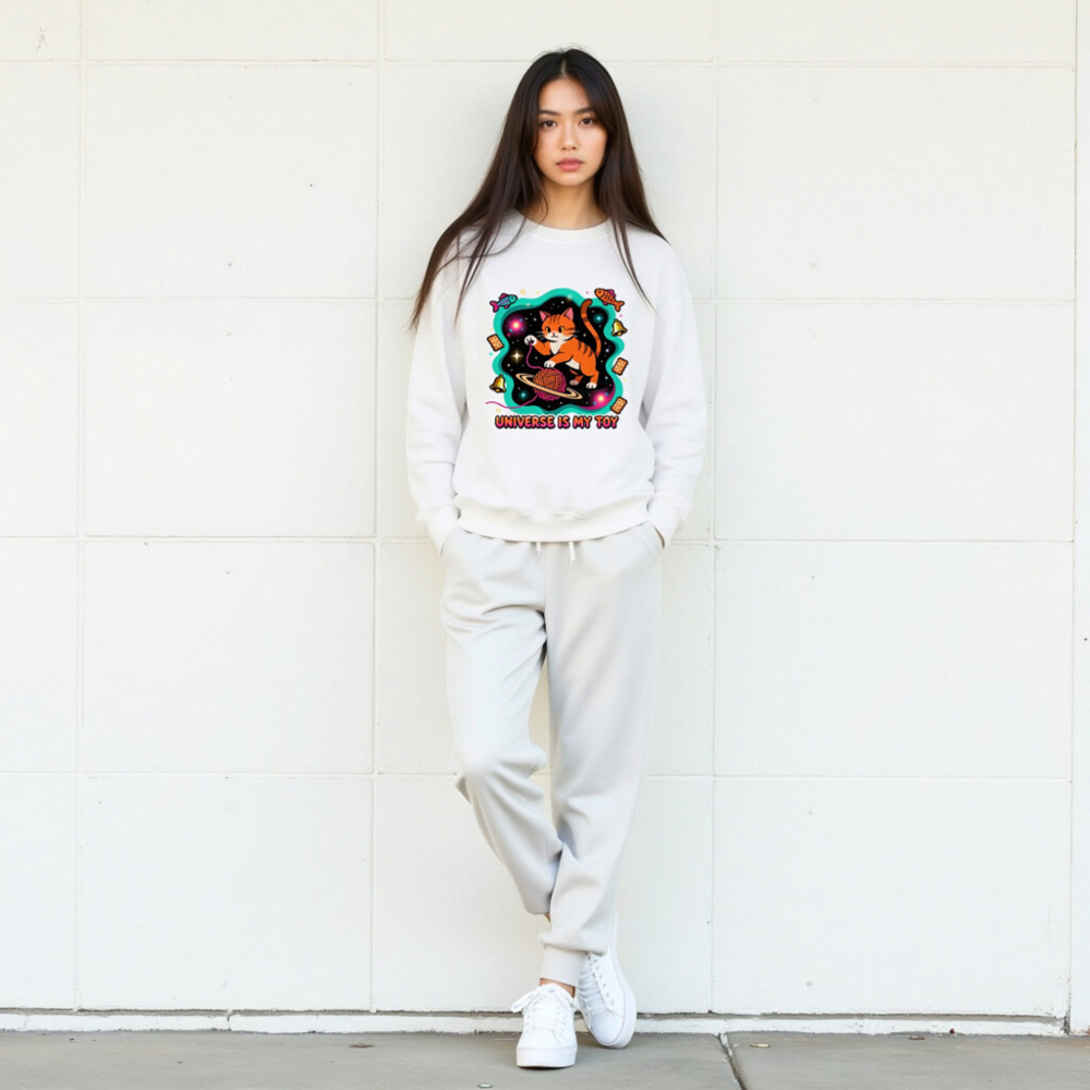 Unisex Crew Neck Sweatshirt - Universe Is My Toy Cat Design, Space Yarn Ball, Cosmic Fun - Image 9