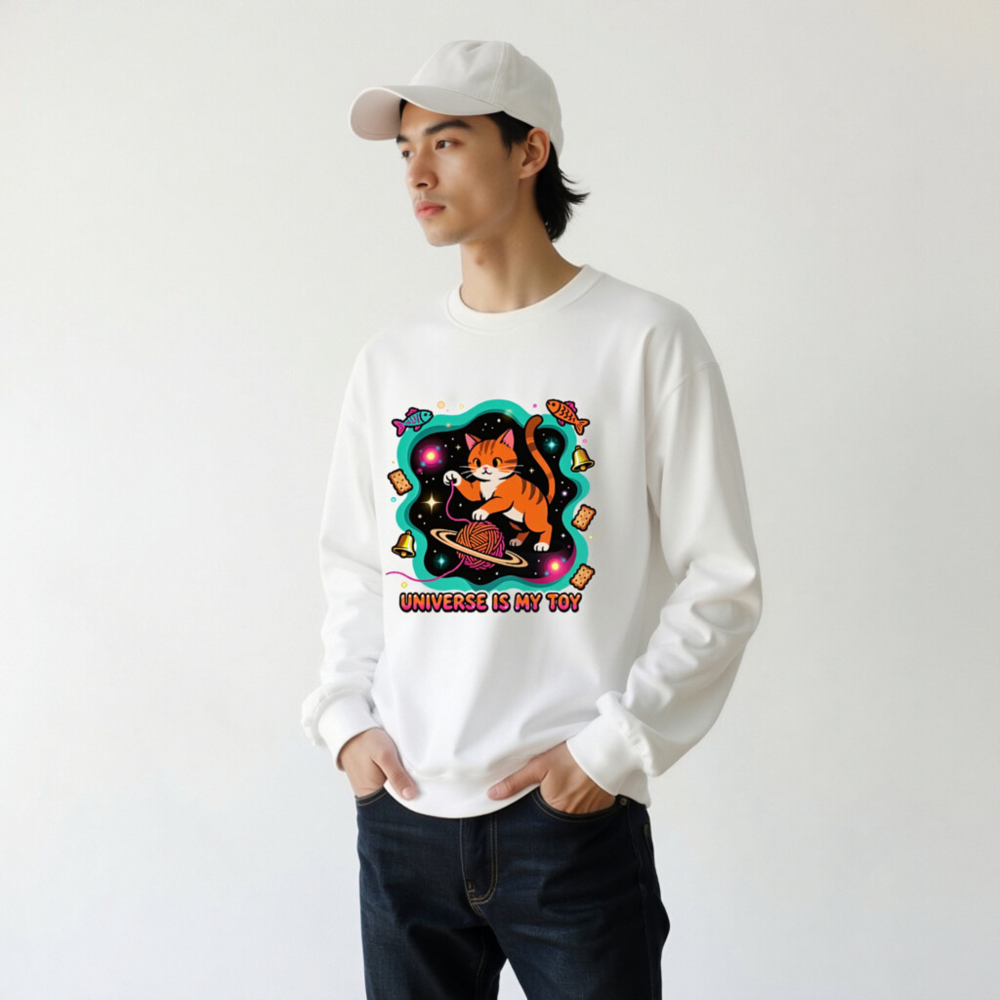 Unisex Crew Neck Sweatshirt - Universe Is My Toy Cat Design, Space Yarn Ball, Cosmic Fun - Image 10