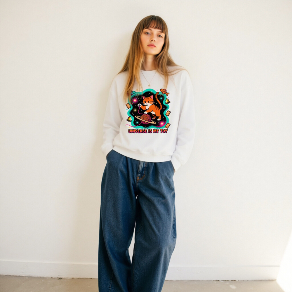Unisex Crew Neck Sweatshirt - Universe Is My Toy Cat Design, Space Yarn Ball, Cosmic Fun - Image 11