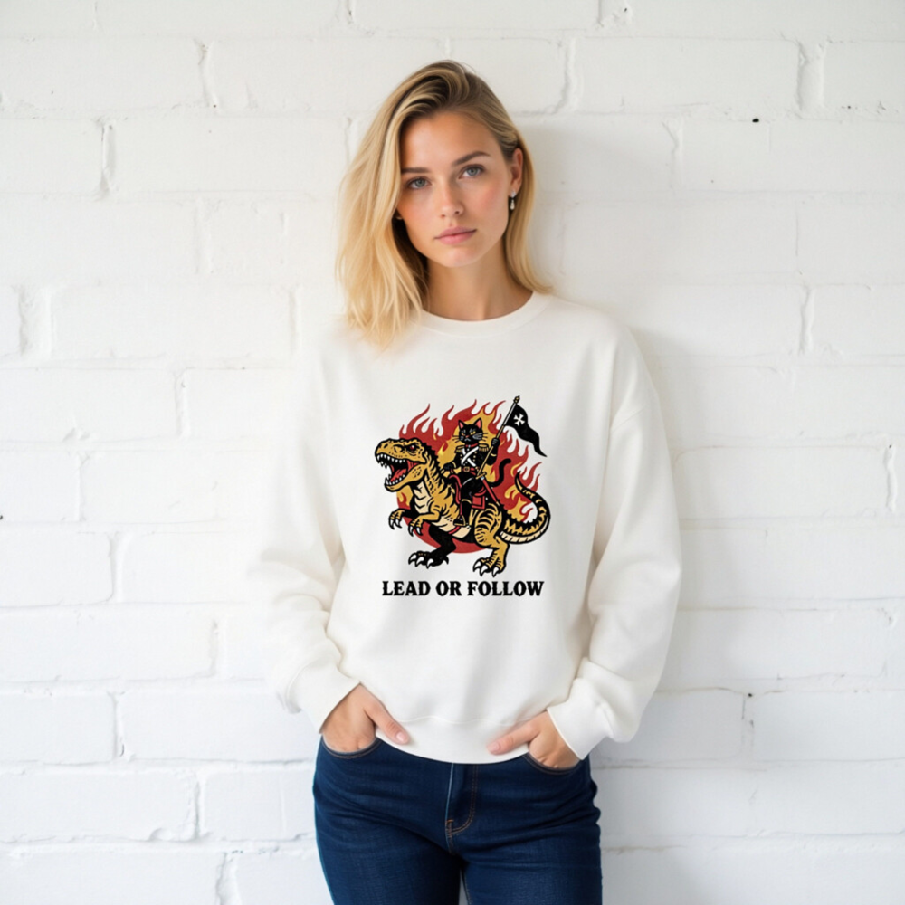Unisex Crew Neck Sweatshirt - T-Rex & Cat Warrior, Lead or Follow - Image 2