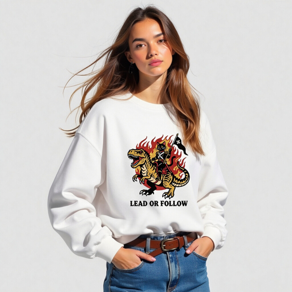 Unisex Crew Neck Sweatshirt - T-Rex & Cat Warrior, Lead or Follow - Image 5