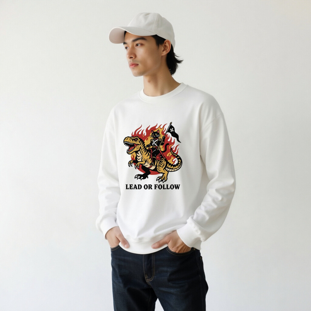Unisex Crew Neck Sweatshirt - T-Rex & Cat Warrior, Lead or Follow - Image 10
