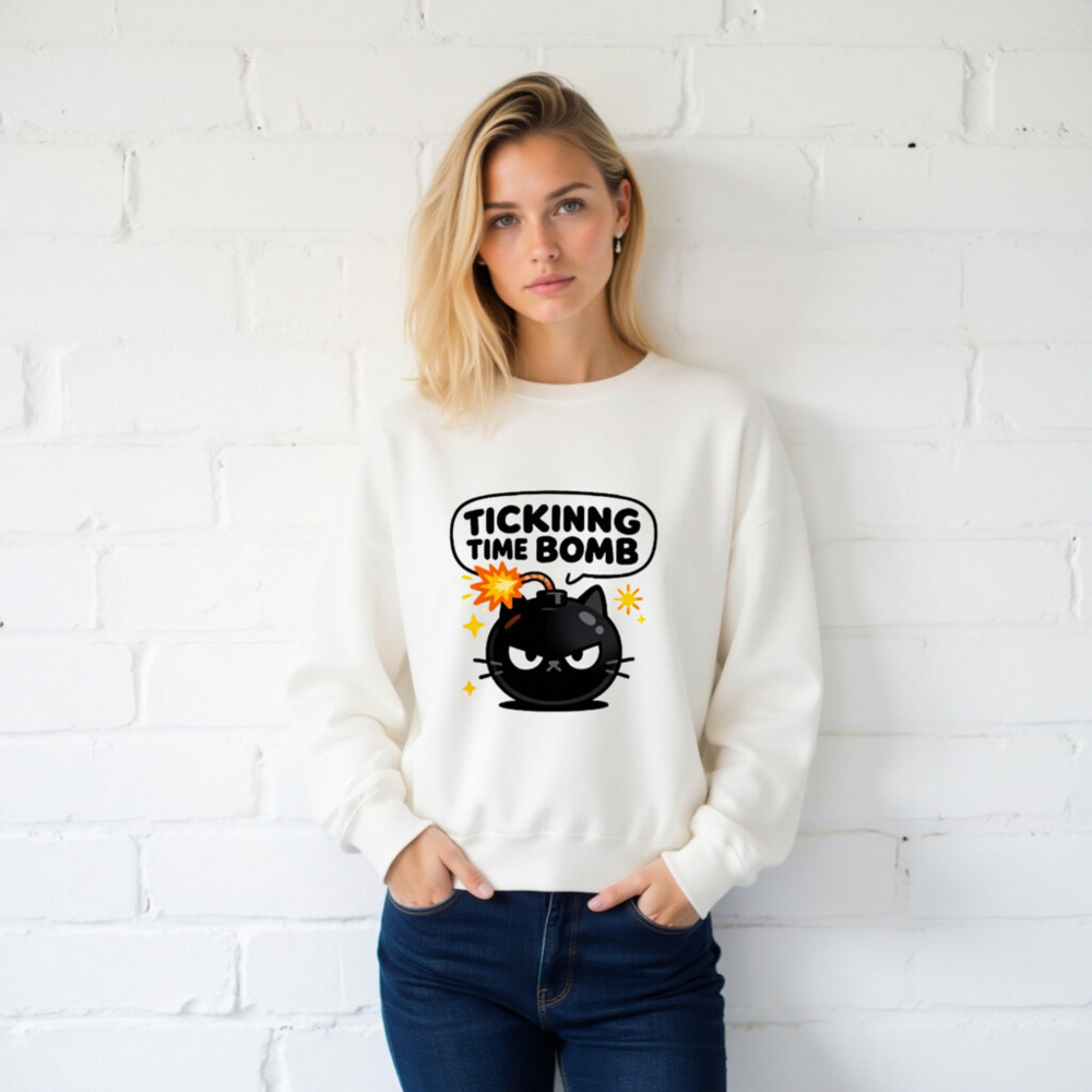 Tickinng Time Bomb Cat Sweatshirt - Unisex Crew Neck, Black Bomb Design - Image 2