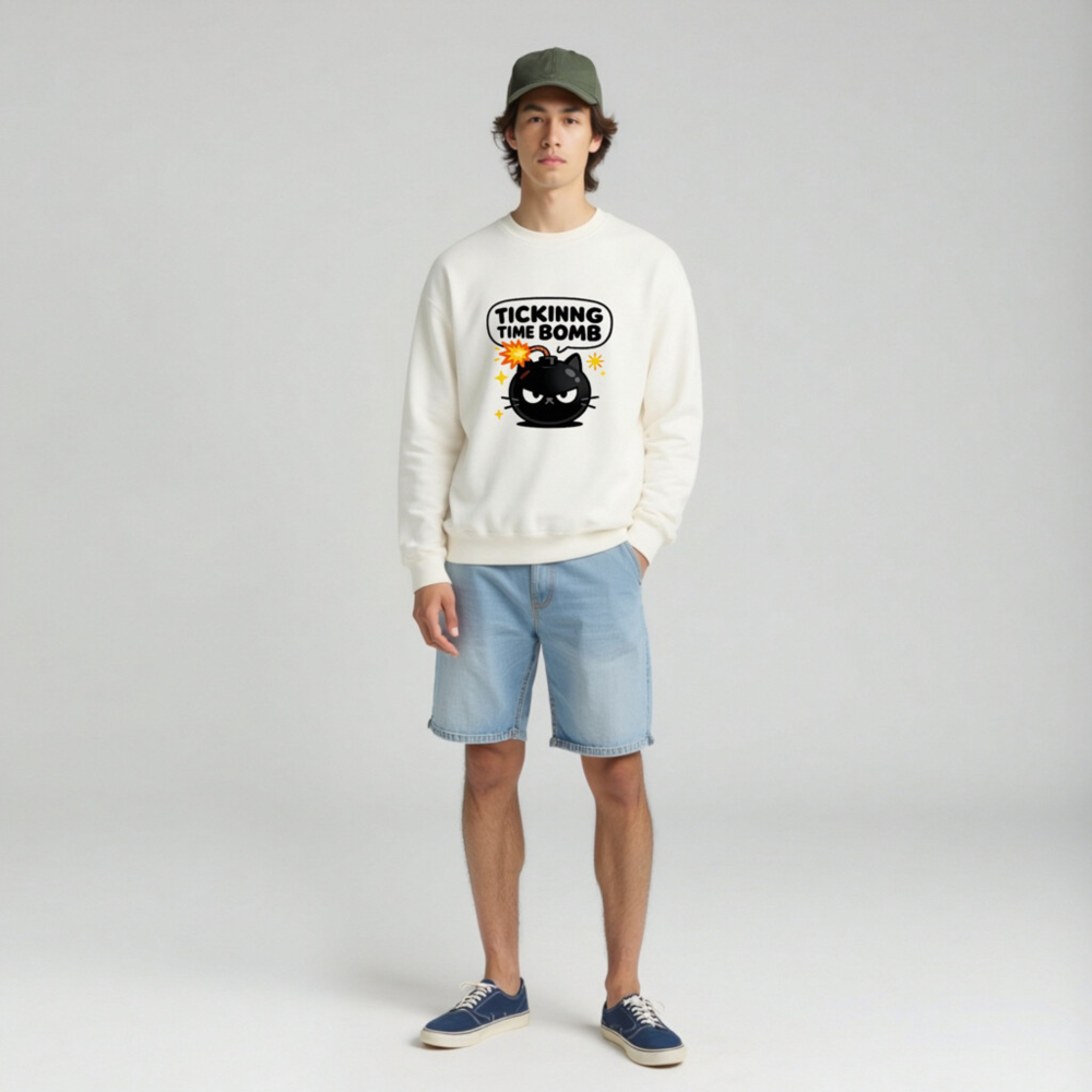 Tickinng Time Bomb Cat Sweatshirt - Unisex Crew Neck, Black Bomb Design - Image 3