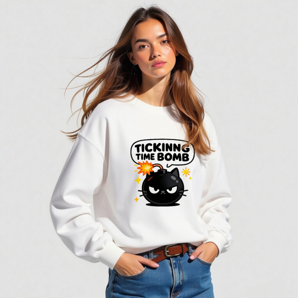 Tickinng Time Bomb Cat Sweatshirt - Unisex Crew Neck, Black Bomb Design - Image 5