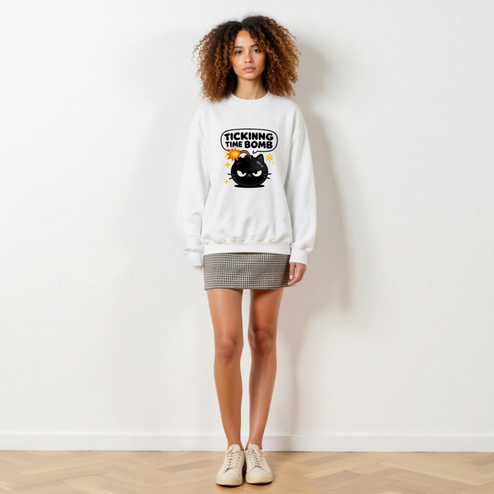 Tickinng Time Bomb Cat Sweatshirt - Unisex Crew Neck, Black Bomb Design - Image 6