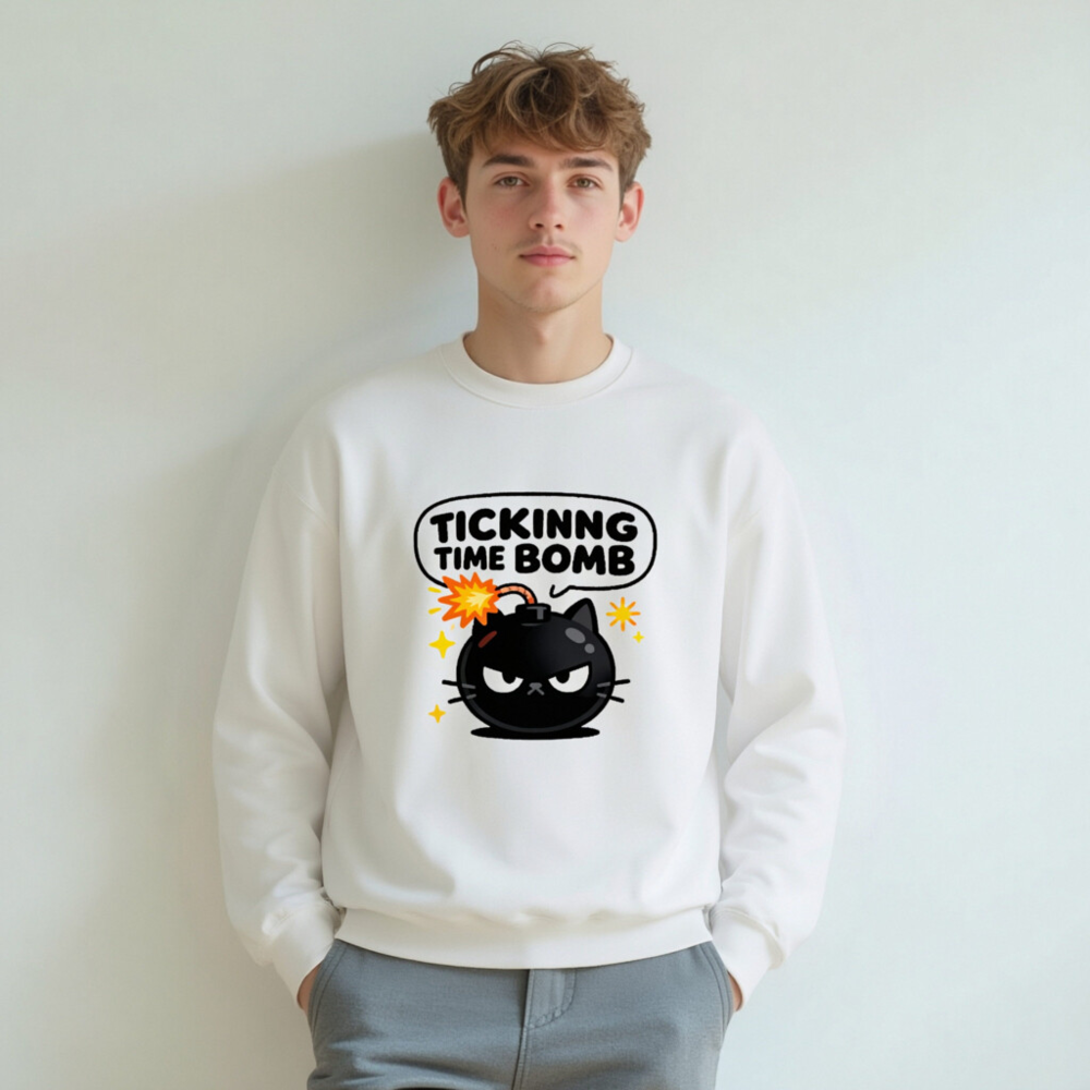 Tickinng Time Bomb Cat Sweatshirt - Unisex Crew Neck, Black Bomb Design - Image 7