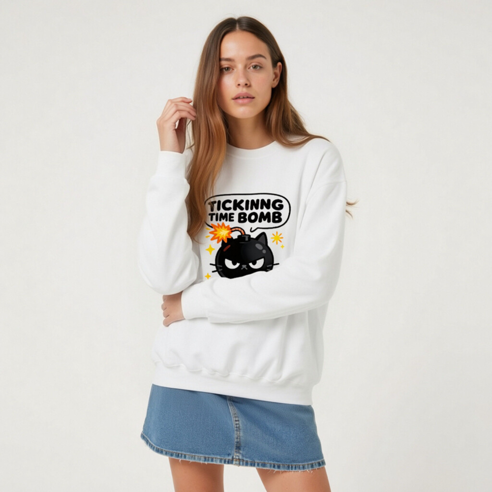 Tickinng Time Bomb Cat Sweatshirt - Unisex Crew Neck, Black Bomb Design - Image 8