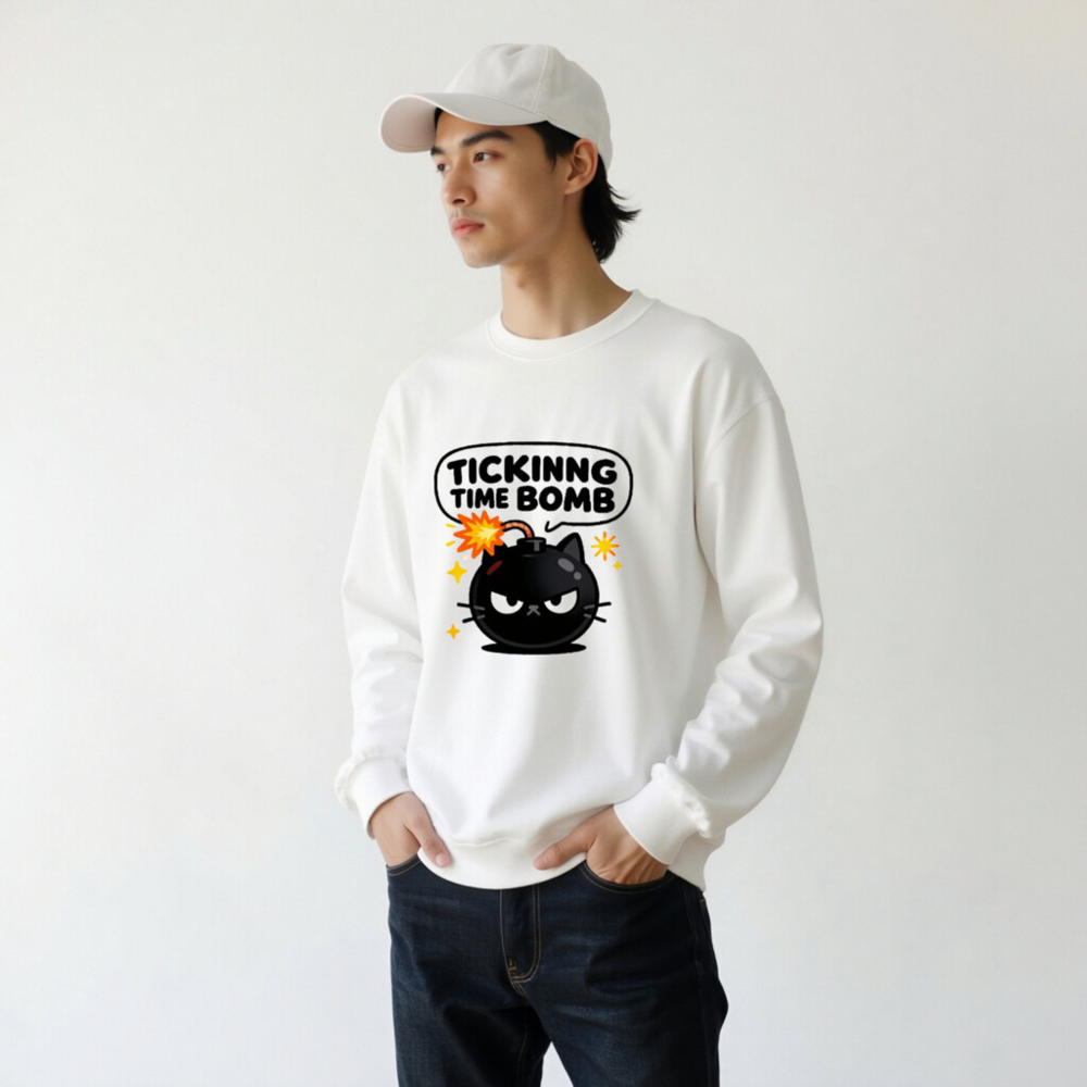Tickinng Time Bomb Cat Sweatshirt - Unisex Crew Neck, Black Bomb Design - Image 10