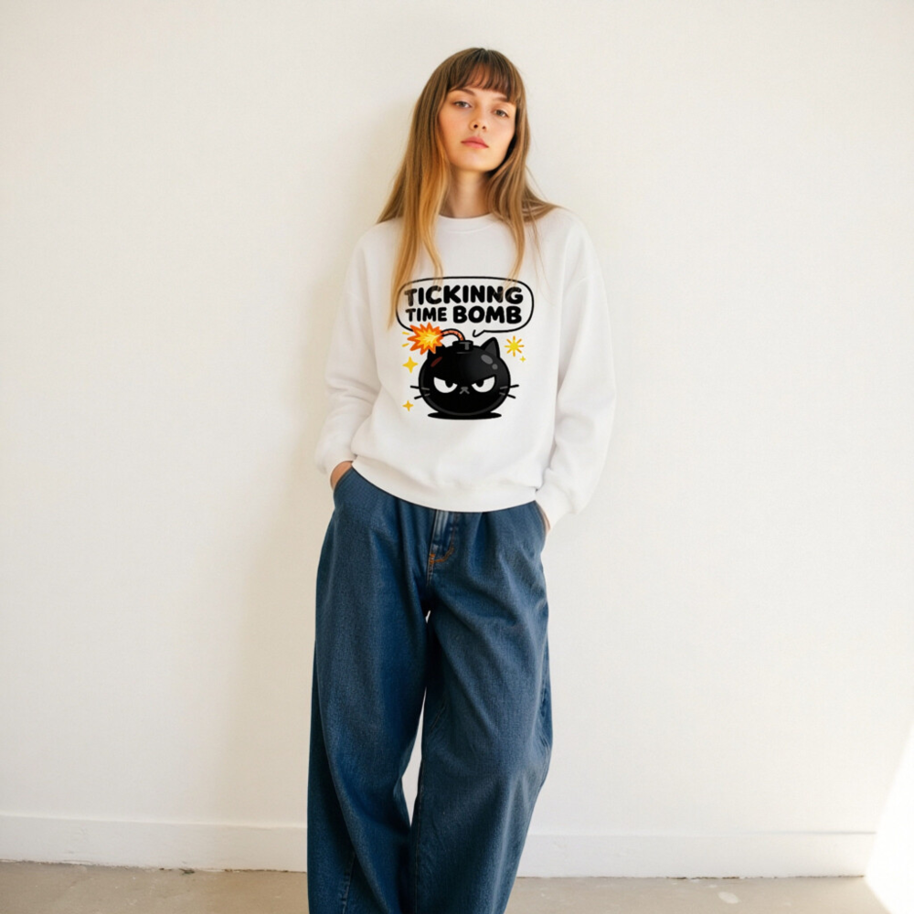 Tickinng Time Bomb Cat Sweatshirt - Unisex Crew Neck, Black Bomb Design - Image 11