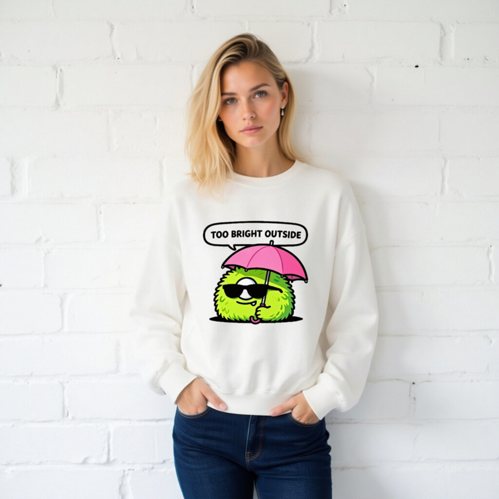 Unisex Crew Neck Sweatshirt - Green Fuzzy Monster with Pink Umbrella, 'Too Bright Outside' Design - Image 2