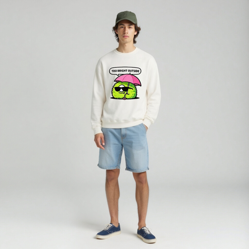 Unisex Crew Neck Sweatshirt - Green Fuzzy Monster with Pink Umbrella, 'Too Bright Outside' Design - Image 3