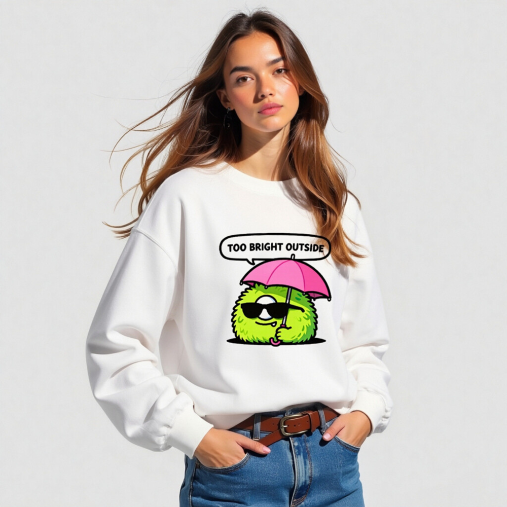 Unisex Crew Neck Sweatshirt - Green Fuzzy Monster with Pink Umbrella, 'Too Bright Outside' Design - Image 5