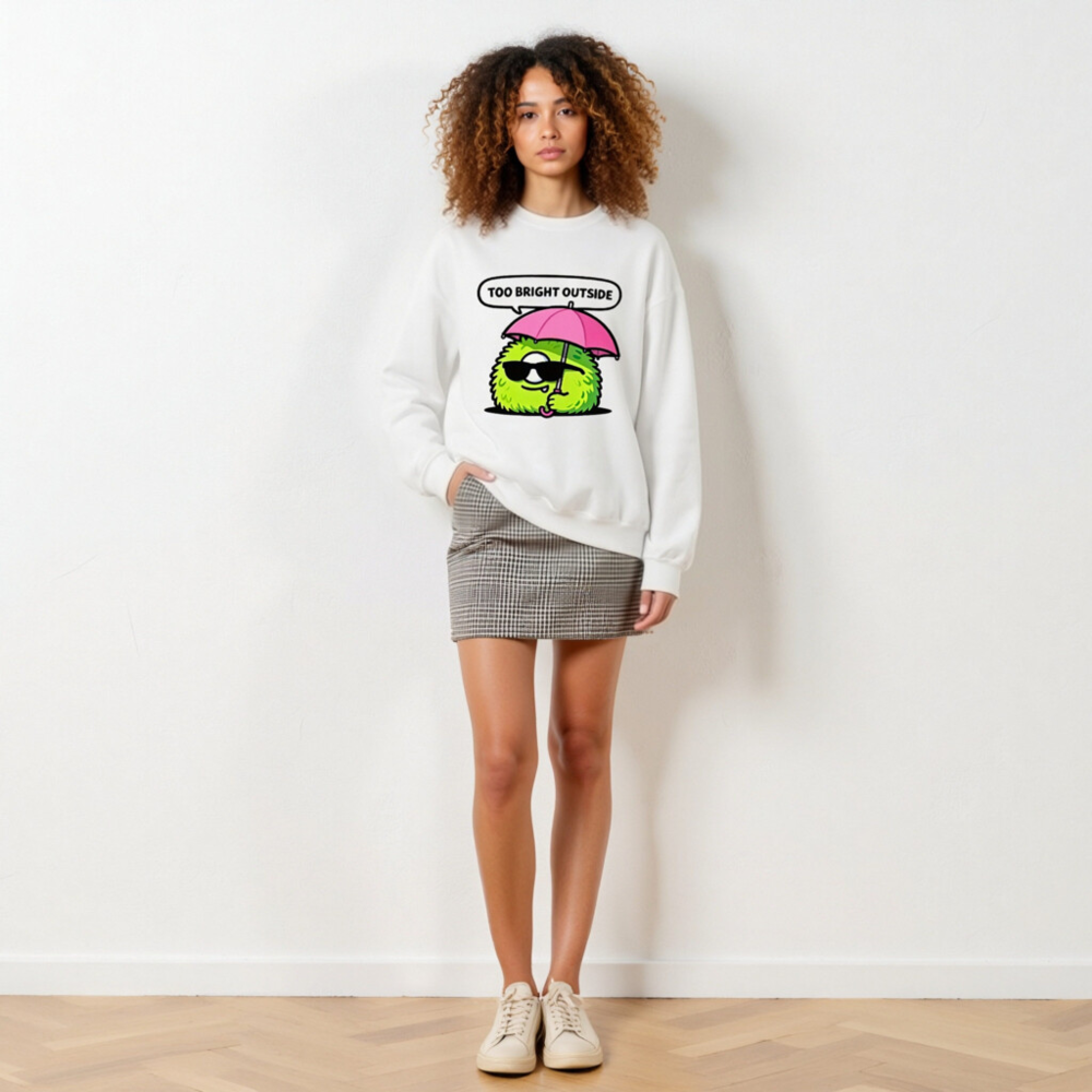 Unisex Crew Neck Sweatshirt - Green Fuzzy Monster with Pink Umbrella, 'Too Bright Outside' Design - Image 6