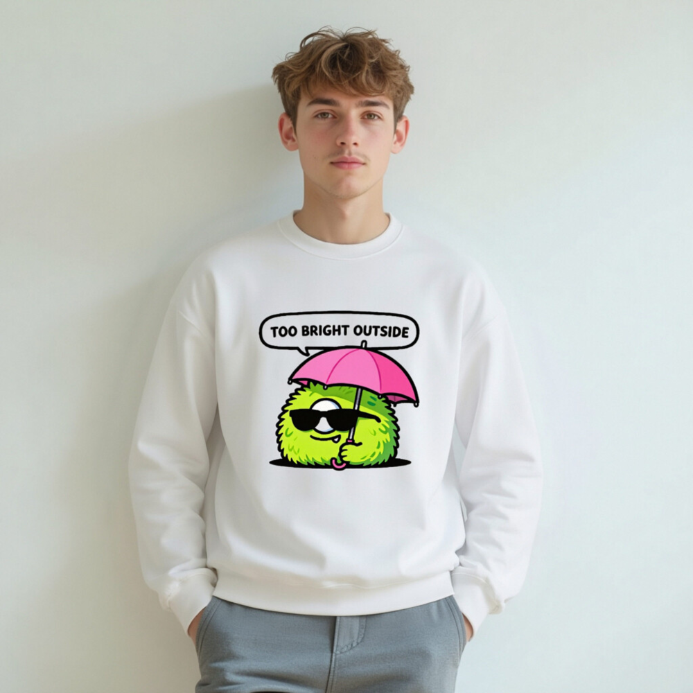 Unisex Crew Neck Sweatshirt - Green Fuzzy Monster with Pink Umbrella, 'Too Bright Outside' Design - Image 7