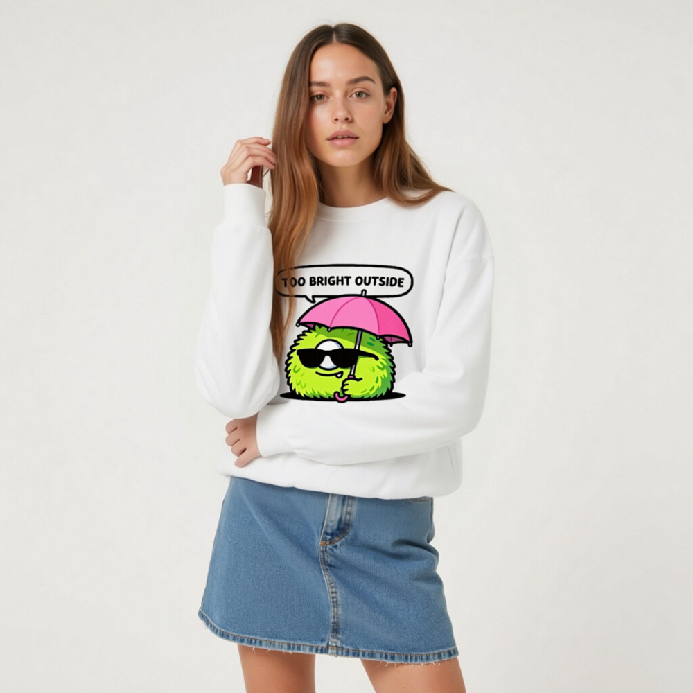Unisex Crew Neck Sweatshirt - Green Fuzzy Monster with Pink Umbrella, 'Too Bright Outside' Design - Image 8