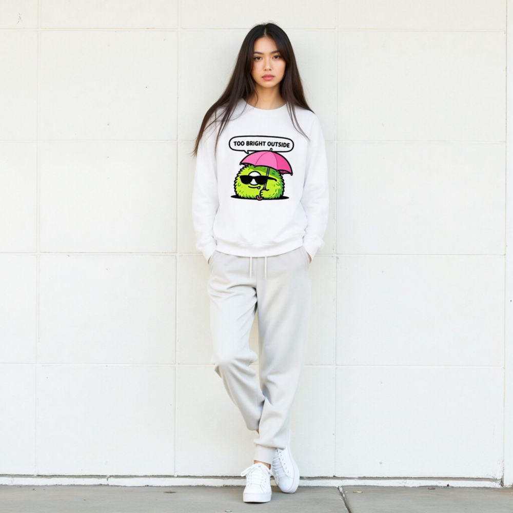 Unisex Crew Neck Sweatshirt - Green Fuzzy Monster with Pink Umbrella, 'Too Bright Outside' Design - Image 9