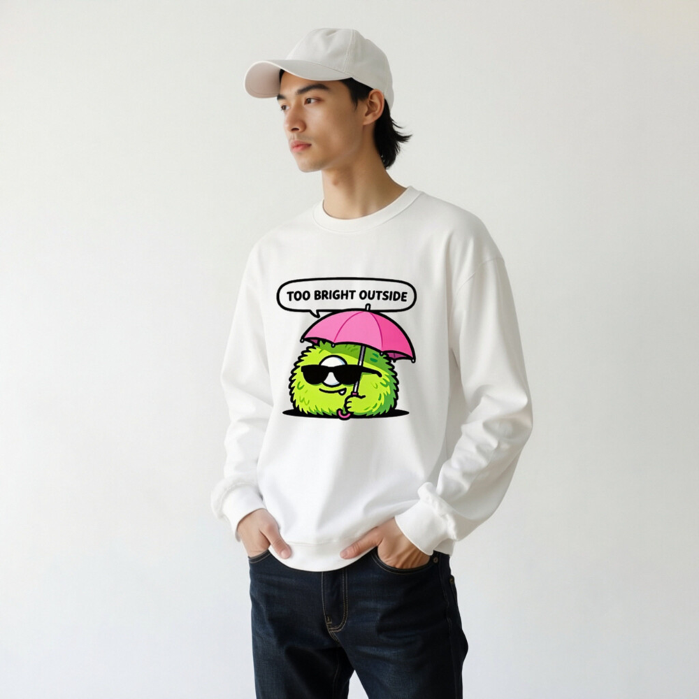 Unisex Crew Neck Sweatshirt - Green Fuzzy Monster with Pink Umbrella, 'Too Bright Outside' Design - Image 10