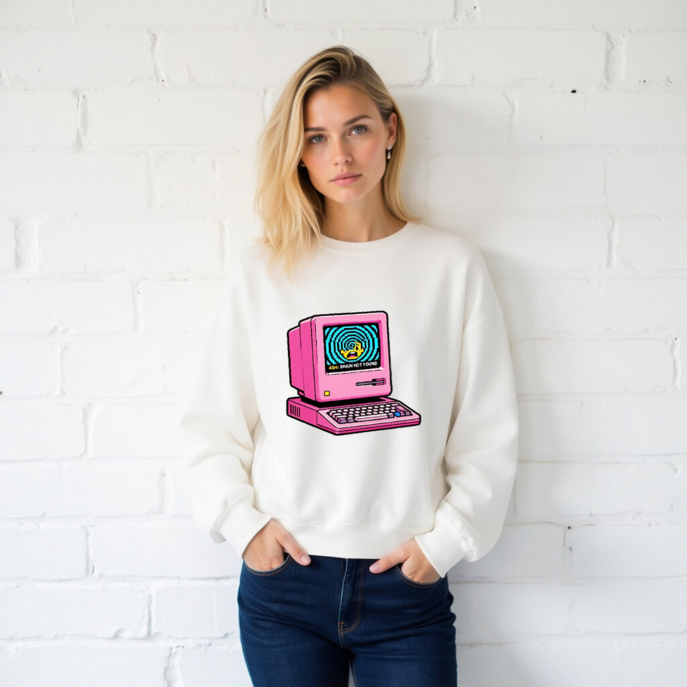 Pink Retro Computer Sweatshirt | Unisex Crew Neck | 404: Brain Not Found Design - Image 2