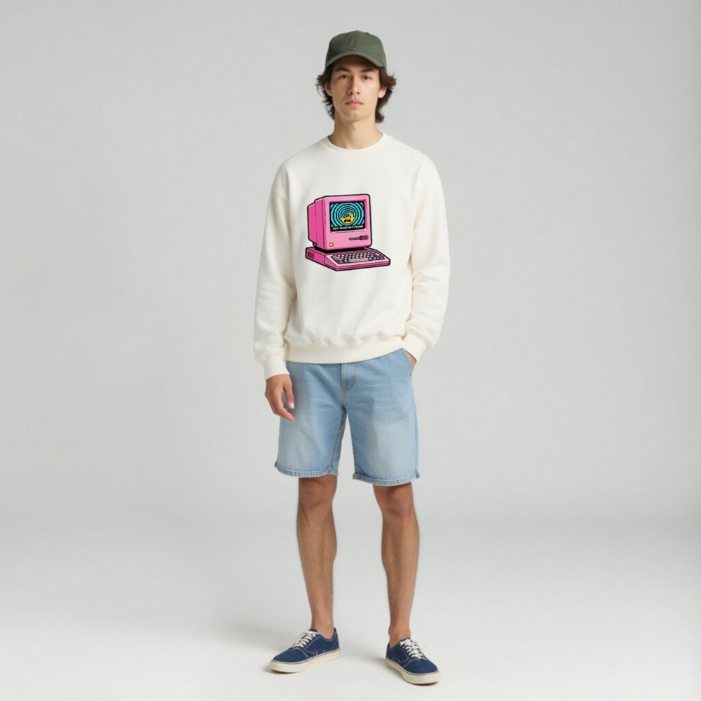 Pink Retro Computer Sweatshirt | Unisex Crew Neck | 404: Brain Not Found Design - Image 3