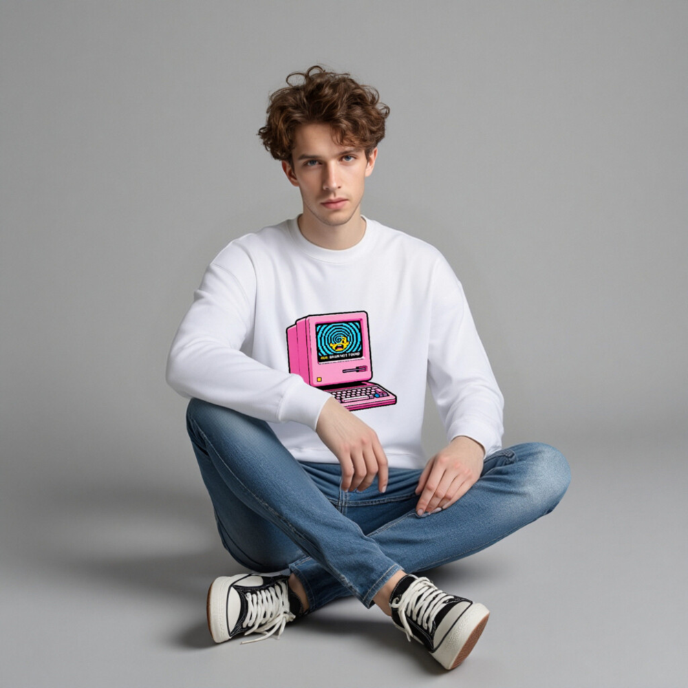 Pink Retro Computer Sweatshirt | Unisex Crew Neck | 404: Brain Not Found Design - Image 4