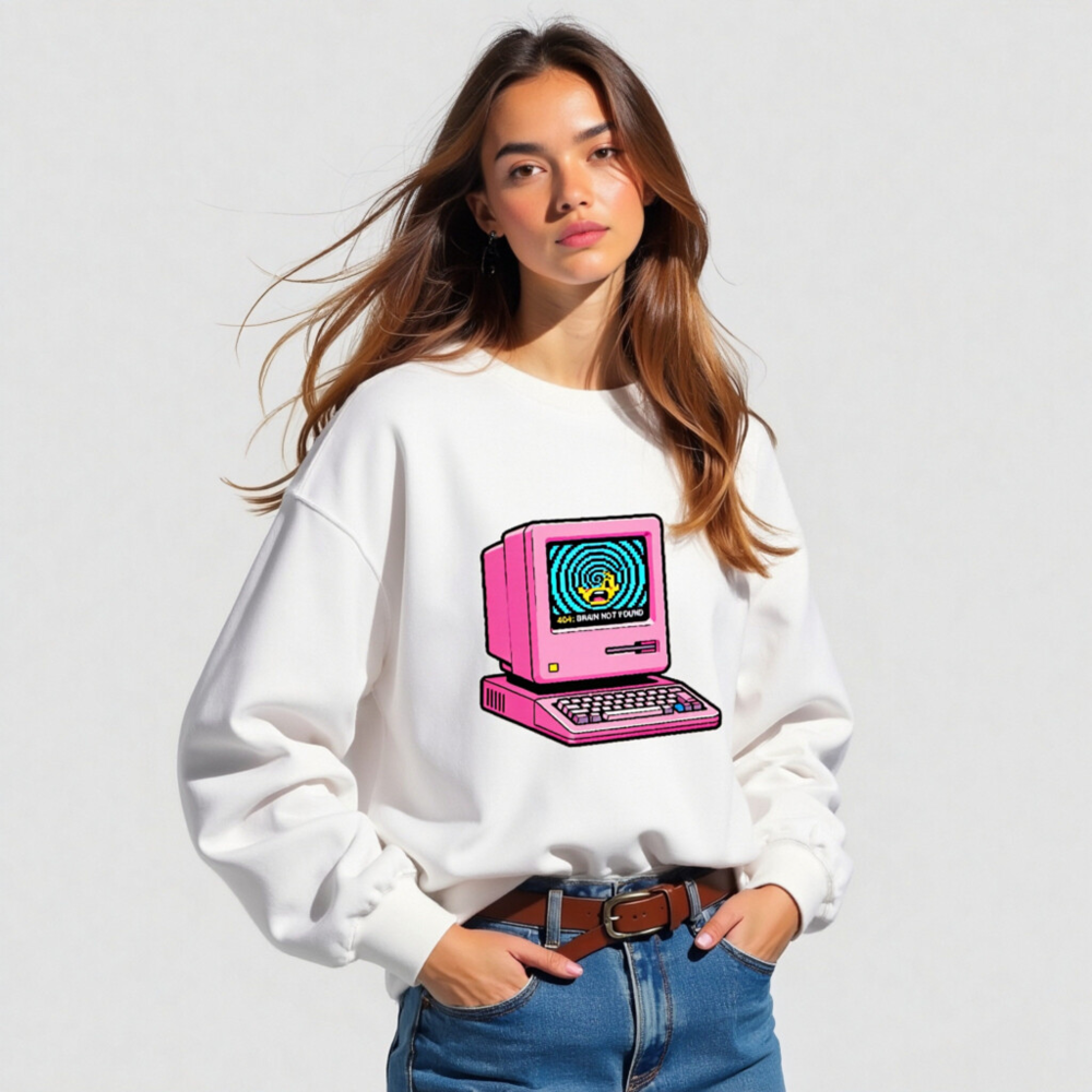 Pink Retro Computer Sweatshirt | Unisex Crew Neck | 404: Brain Not Found Design - Image 5
