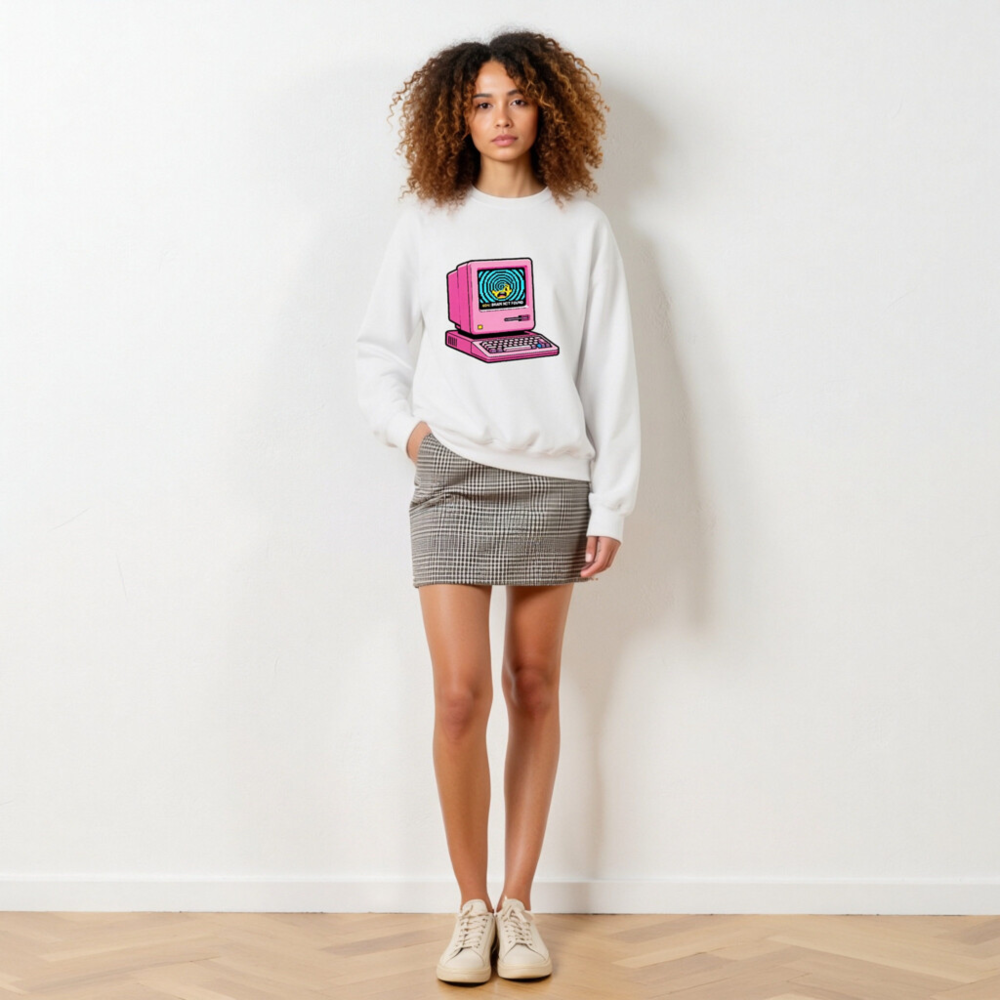 Pink Retro Computer Sweatshirt | Unisex Crew Neck | 404: Brain Not Found Design - Image 6