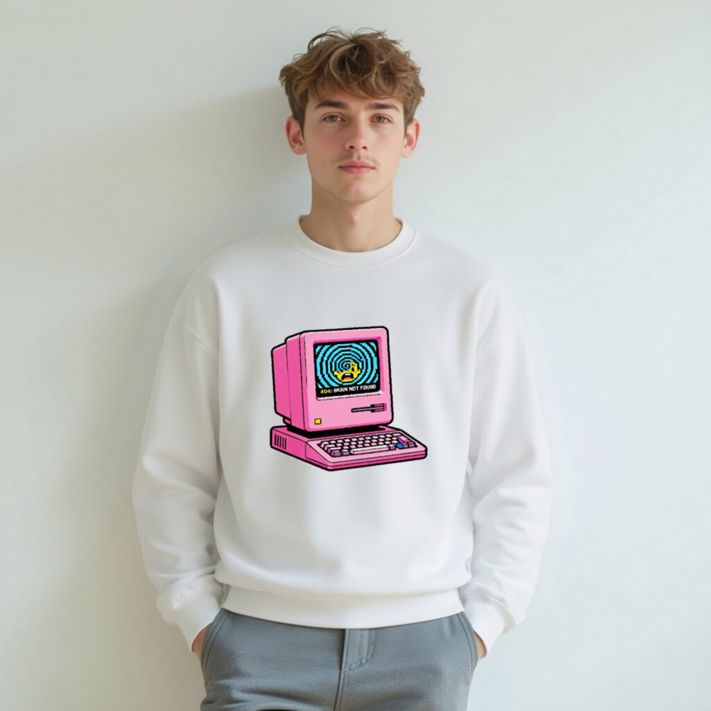 Pink Retro Computer Sweatshirt | Unisex Crew Neck | 404: Brain Not Found Design - Image 7