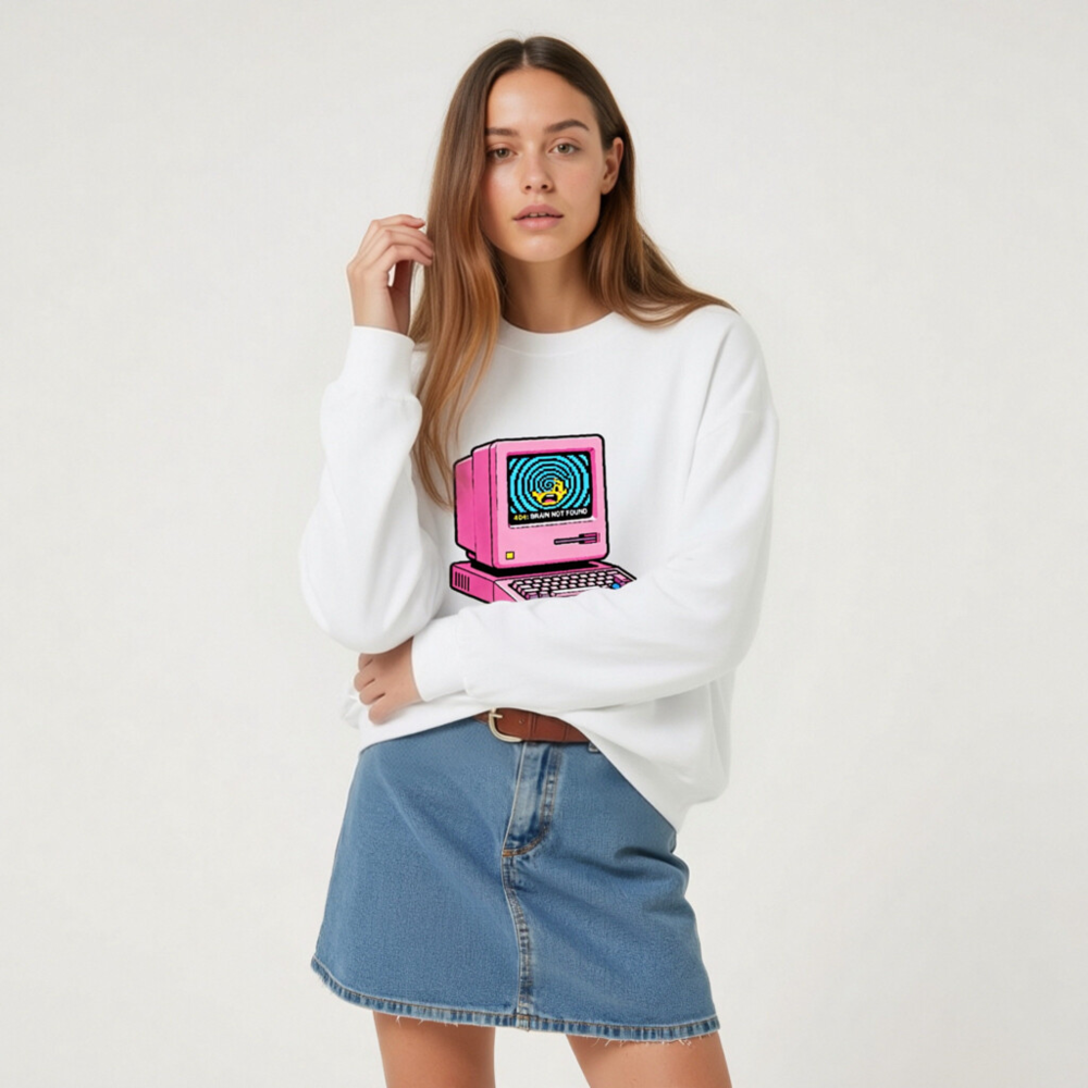 Pink Retro Computer Sweatshirt | Unisex Crew Neck | 404: Brain Not Found Design - Image 8