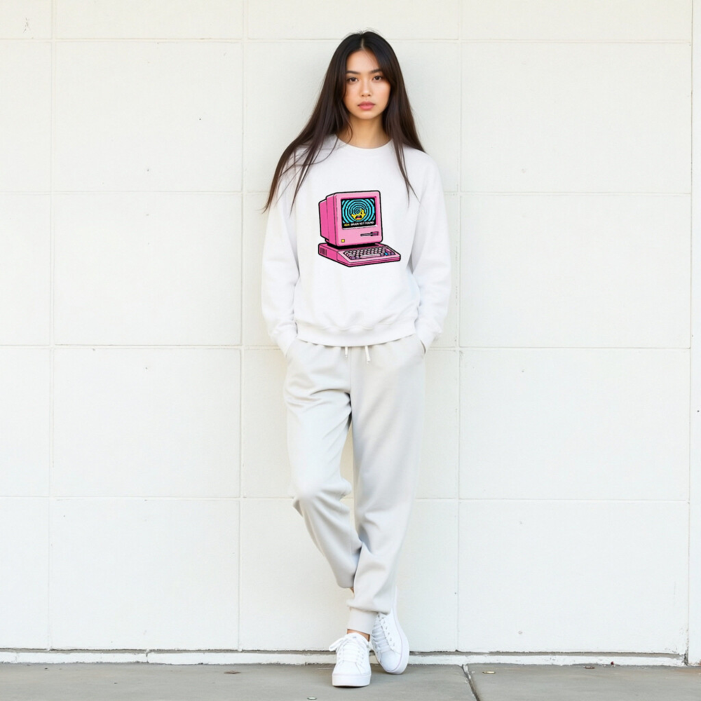 Pink Retro Computer Sweatshirt | Unisex Crew Neck | 404: Brain Not Found Design - Image 9