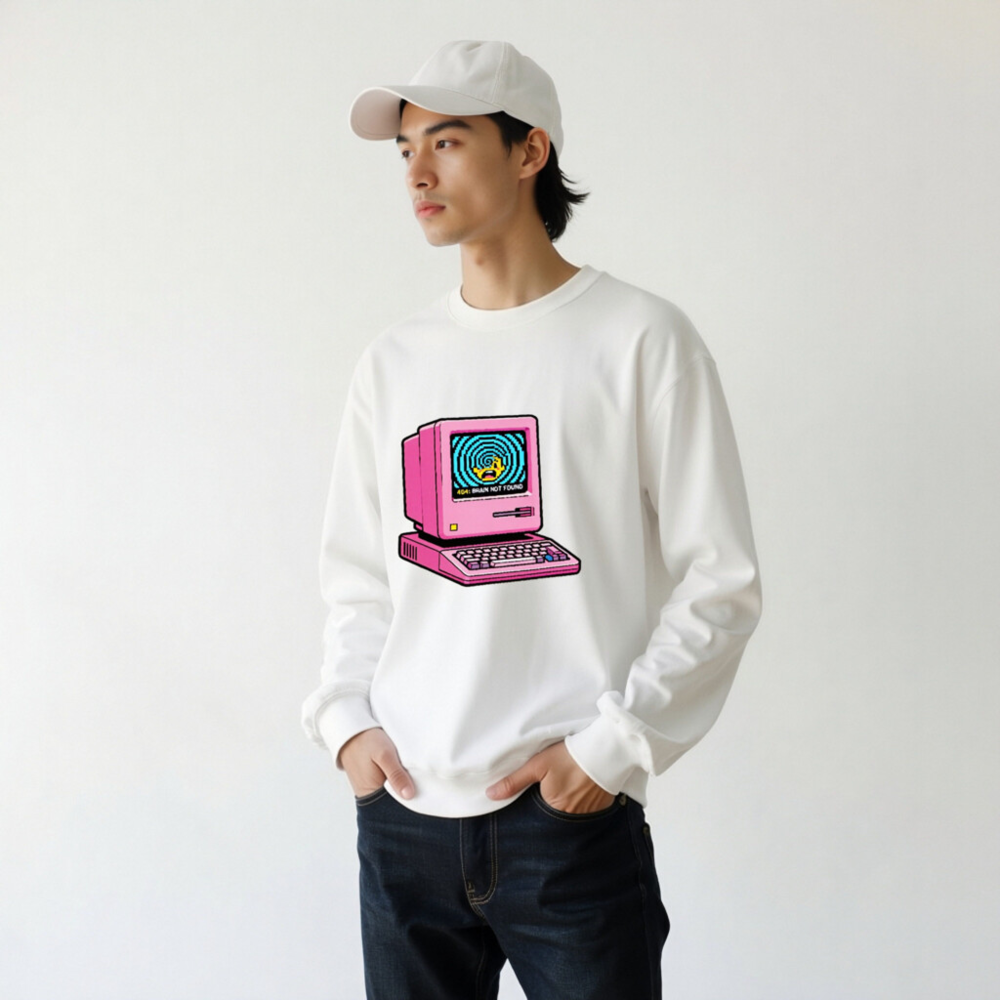 Pink Retro Computer Sweatshirt | Unisex Crew Neck | 404: Brain Not Found Design - Image 10
