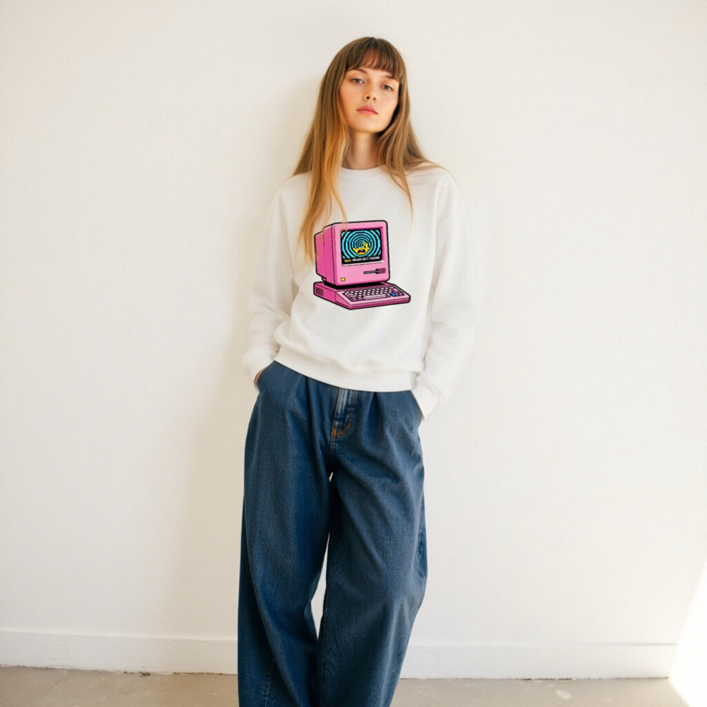 Pink Retro Computer Sweatshirt | Unisex Crew Neck | 404: Brain Not Found Design - Image 11