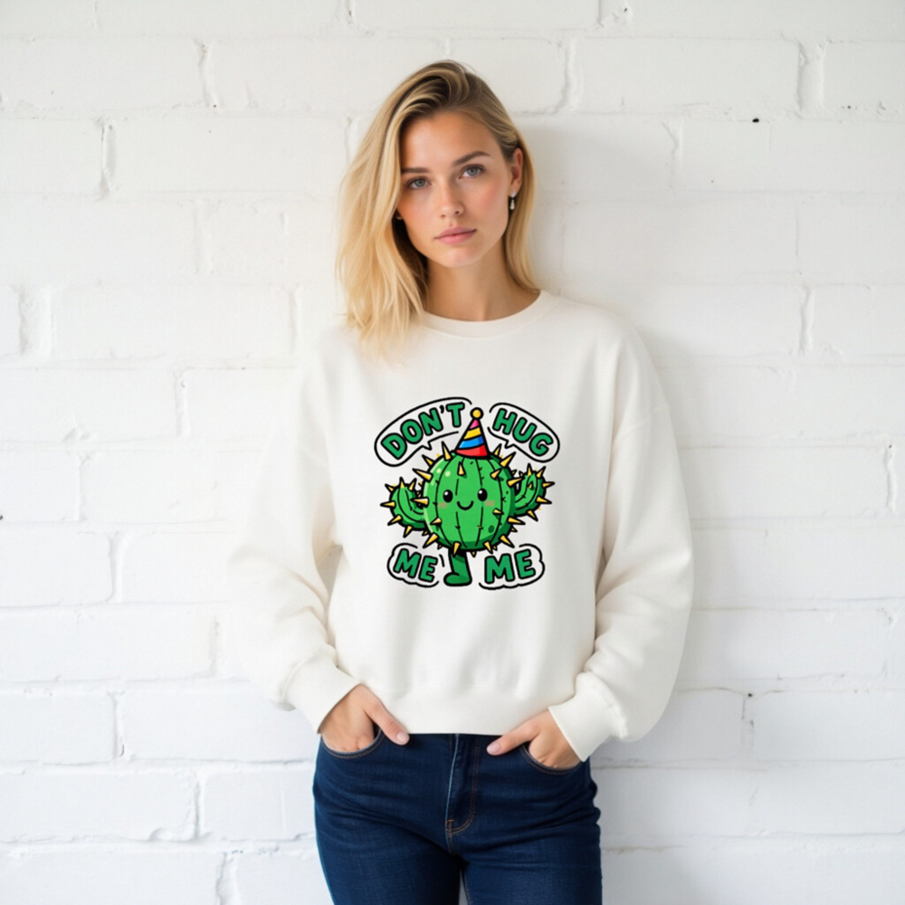 Unisex Crew Neck Sweatshirt - Cute Cactus 'Don't Hug Me' Graphic Tee - Image 2