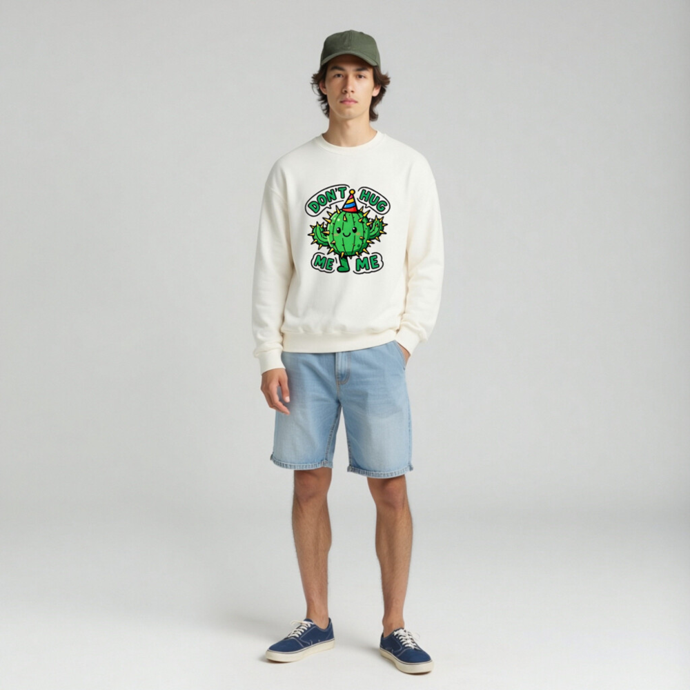 Unisex Crew Neck Sweatshirt - Cute Cactus 'Don't Hug Me' Graphic Tee - Image 3