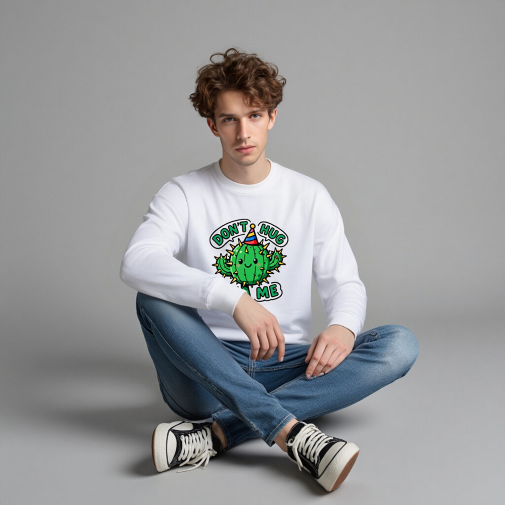 Unisex Crew Neck Sweatshirt - Cute Cactus 'Don't Hug Me' Graphic Tee - Image 4