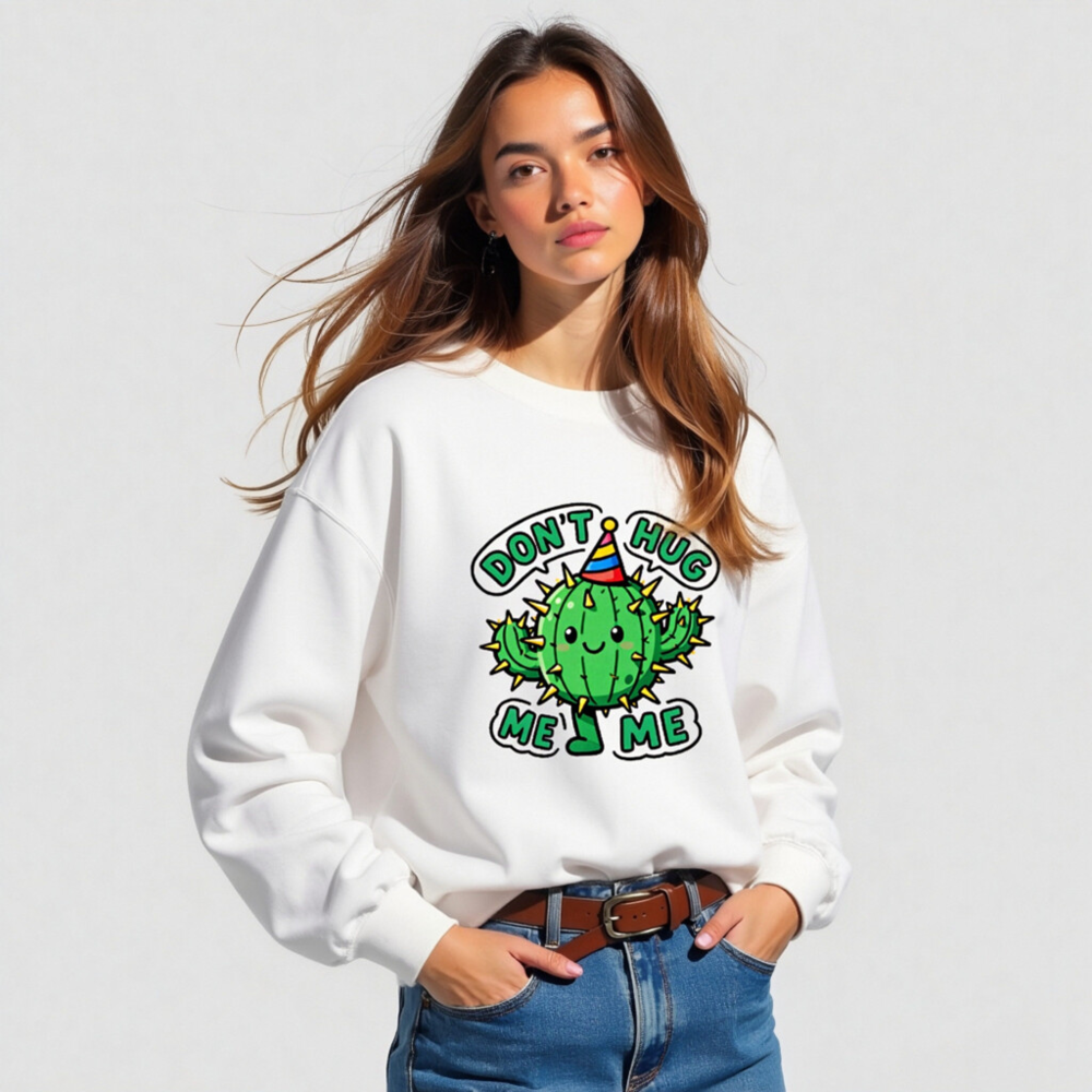 Unisex Crew Neck Sweatshirt - Cute Cactus 'Don't Hug Me' Graphic Tee - Image 5