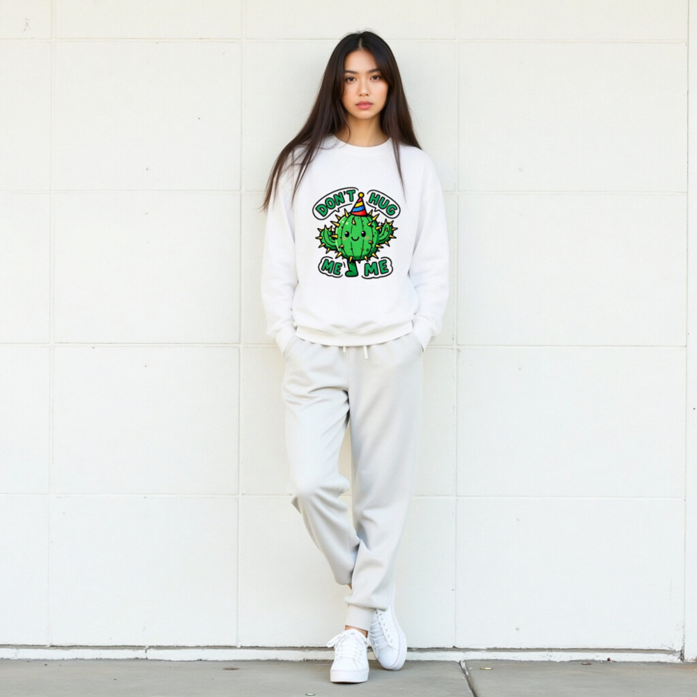 Unisex Crew Neck Sweatshirt - Cute Cactus 'Don't Hug Me' Graphic Tee - Image 9