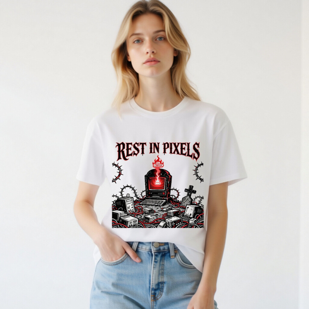 Rest in Pixels T-Shirt | Unisex Organic Cotton Tee with Gothic Tech Graveyard Design - Image 2