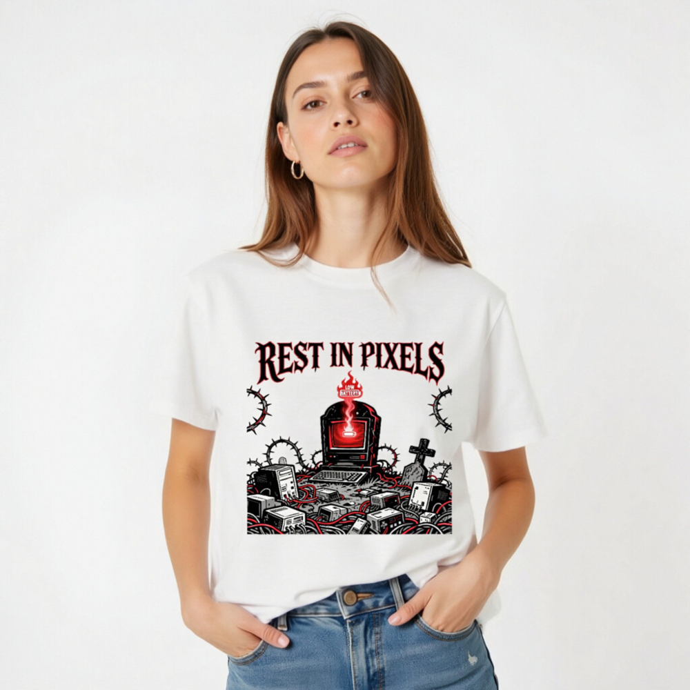 Rest in Pixels T-Shirt | Unisex Organic Cotton Tee with Gothic Tech Graveyard Design - Image 3