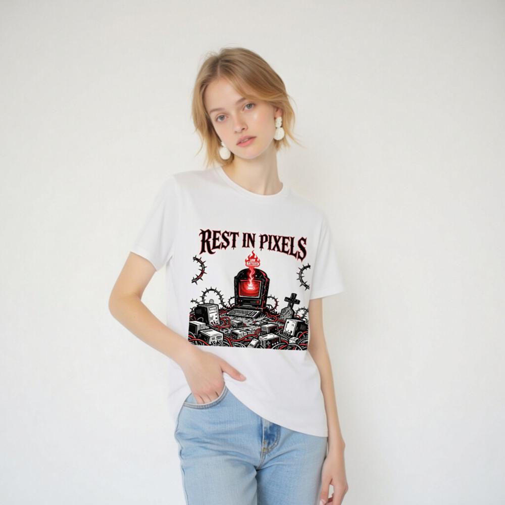 Rest in Pixels T-Shirt | Unisex Organic Cotton Tee with Gothic Tech Graveyard Design - Image 4
