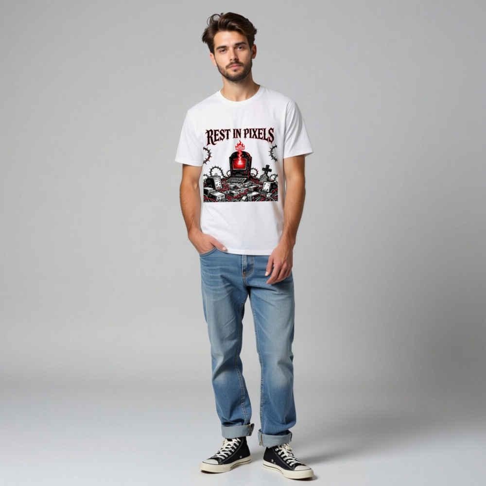 Rest in Pixels T-Shirt | Unisex Organic Cotton Tee with Gothic Tech Graveyard Design - Image 5