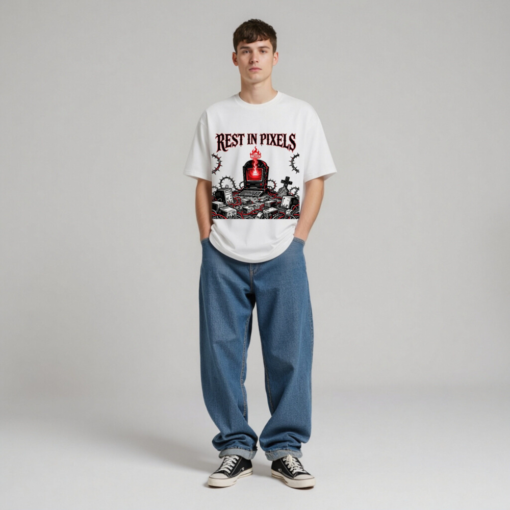 Rest in Pixels T-Shirt | Unisex Organic Cotton Tee with Gothic Tech Graveyard Design - Image 6
