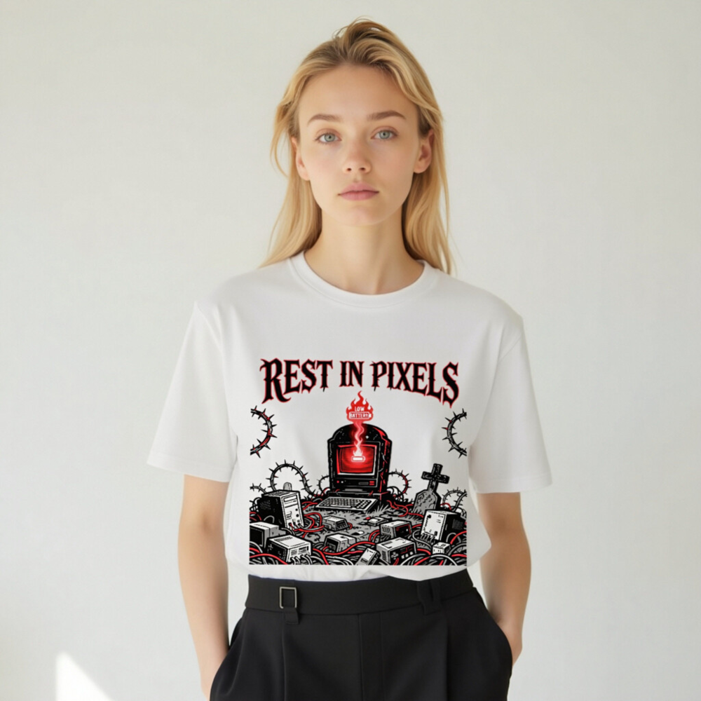 Rest in Pixels T-Shirt | Unisex Organic Cotton Tee with Gothic Tech Graveyard Design - Image 9