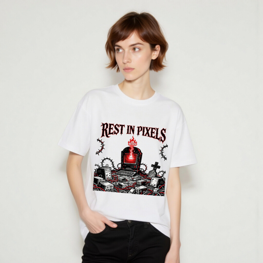Rest in Pixels T-Shirt | Unisex Organic Cotton Tee with Gothic Tech Graveyard Design - Image 10