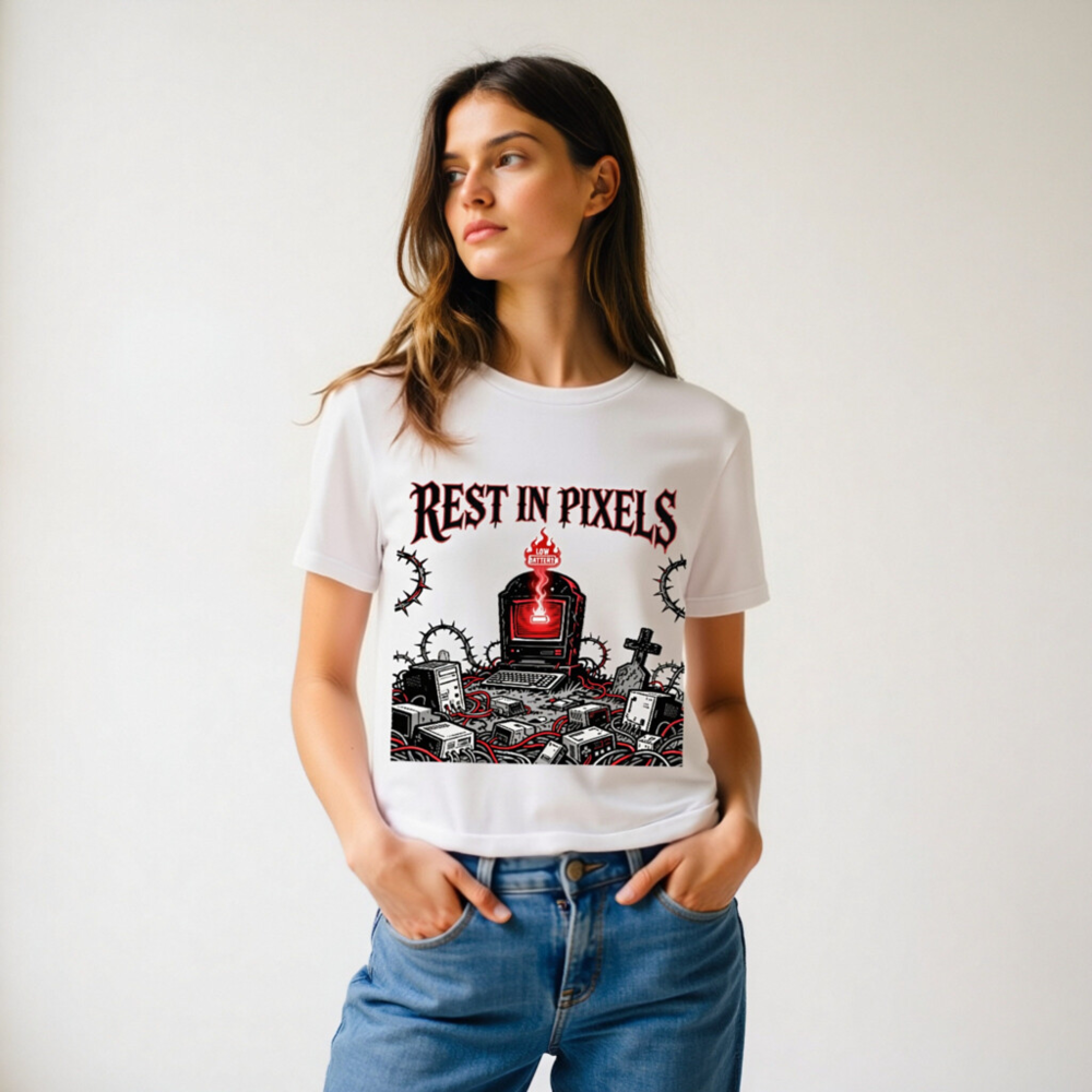 Rest in Pixels T-Shirt | Unisex Organic Cotton Tee with Gothic Tech Graveyard Design - Image 11