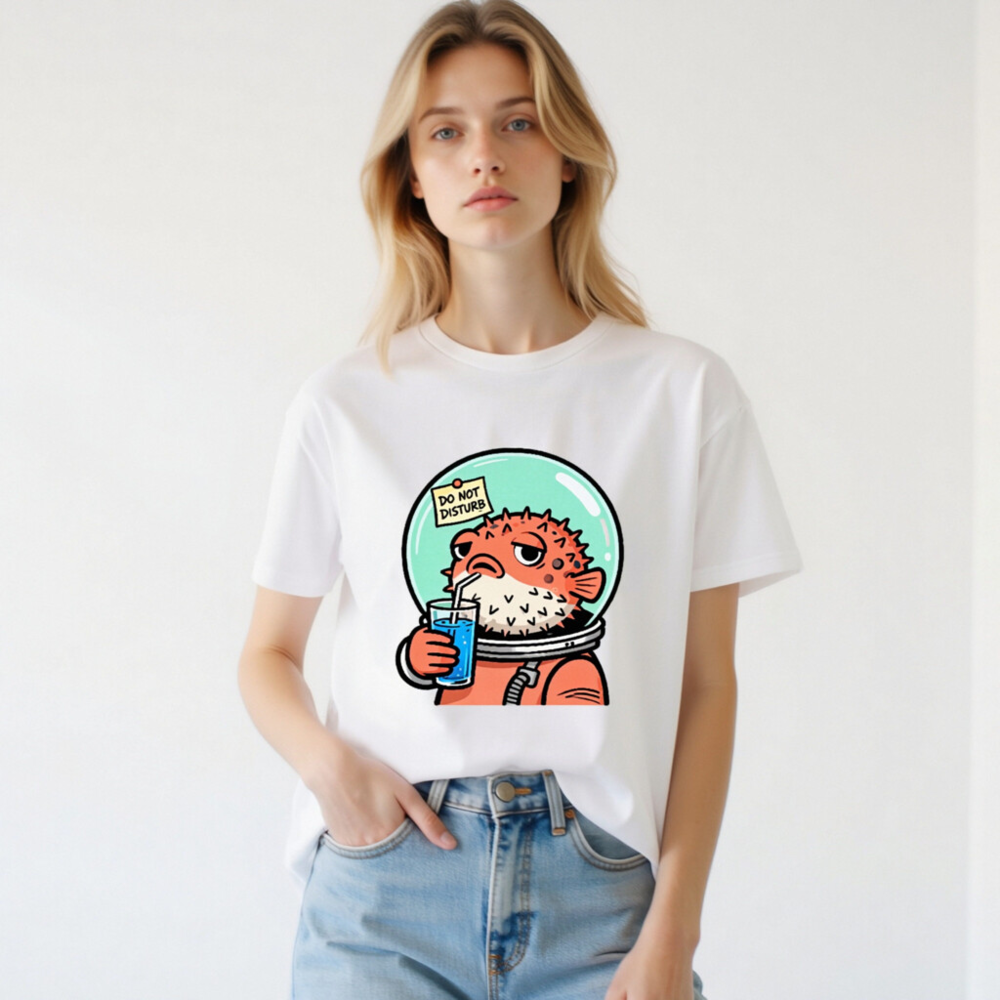 Unisex Organic Cotton T-Shirt | Puffer Fish Astronaut Drinking Blue Juice, 'Do Not Disturb' Note - Image 2