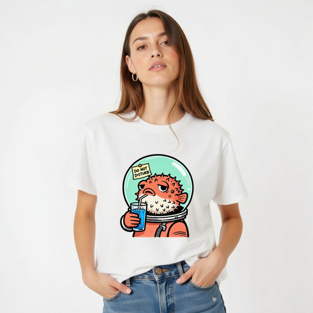 Unisex Organic Cotton T-Shirt | Puffer Fish Astronaut Drinking Blue Juice, 'Do Not Disturb' Note - Image 3