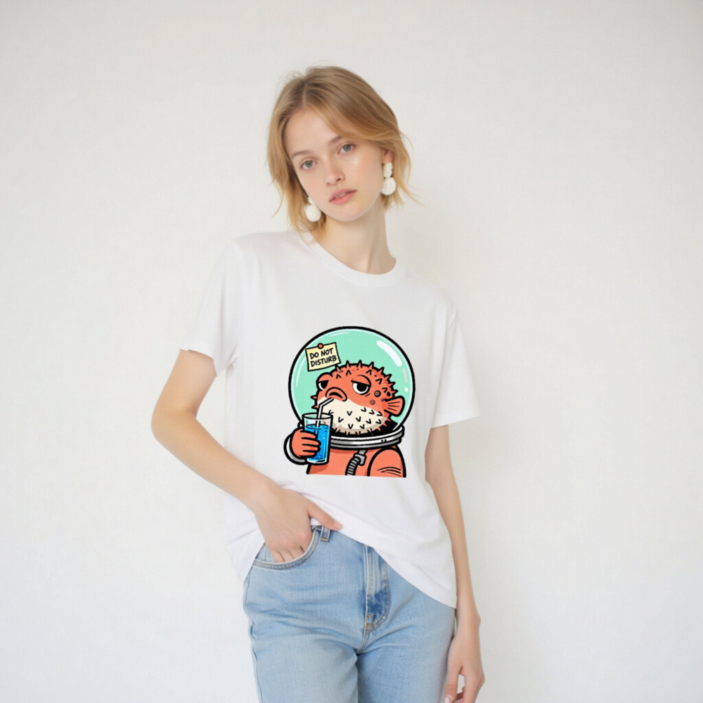 Unisex Organic Cotton T-Shirt | Puffer Fish Astronaut Drinking Blue Juice, 'Do Not Disturb' Note - Image 4