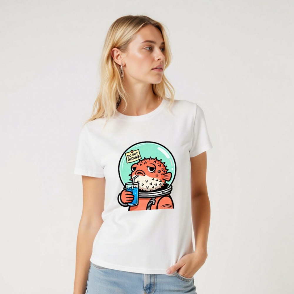 Unisex Organic Cotton T-Shirt | Puffer Fish Astronaut Drinking Blue Juice, 'Do Not Disturb' Note - Image 7