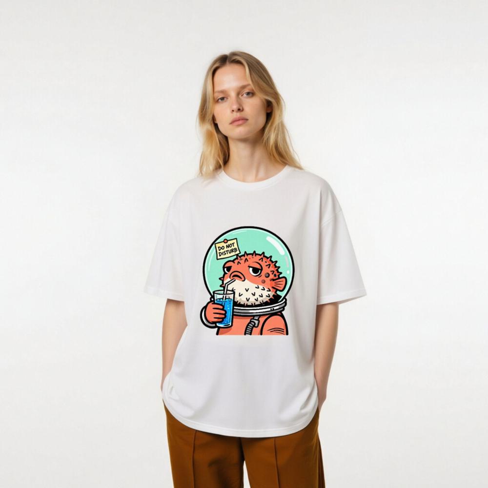 Unisex Organic Cotton T-Shirt | Puffer Fish Astronaut Drinking Blue Juice, 'Do Not Disturb' Note - Image 8